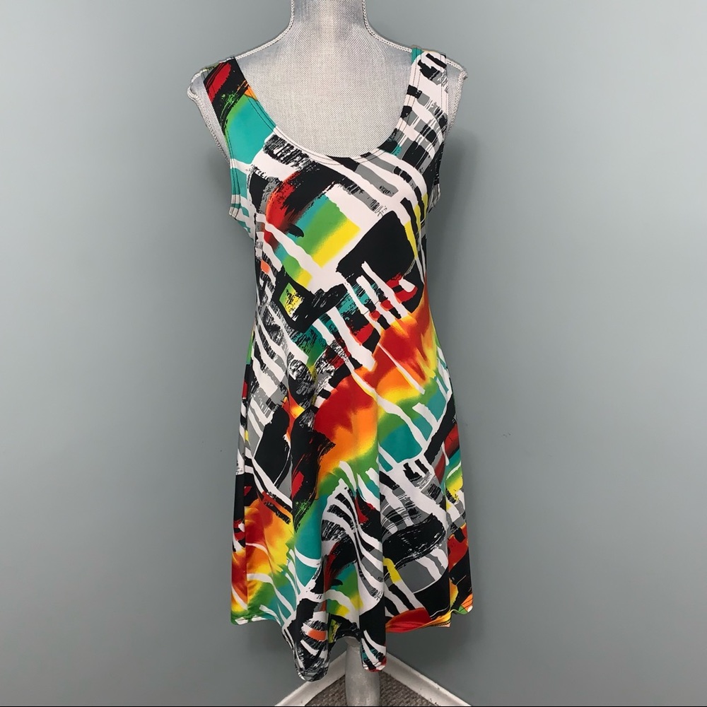 SOLEIL size large Stretch A-line print summer Dress sundress wedding summer